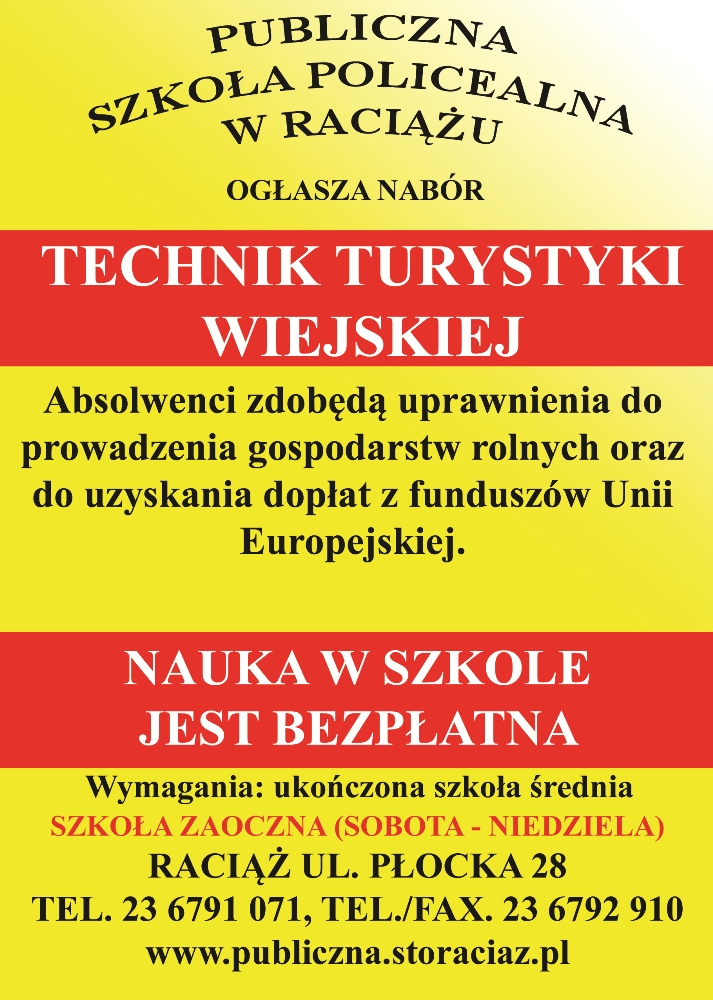 Ulotka informacyjna o kierunkach kształcenia proponowanych przez Publiczną Szkołę Policealną w Raciążu