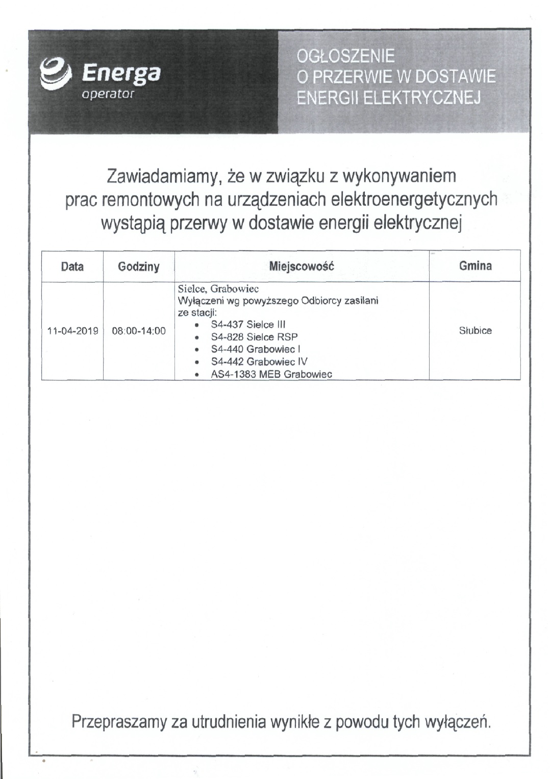 Ogłoszenie o przerwie w dostawie energii elektrycznej