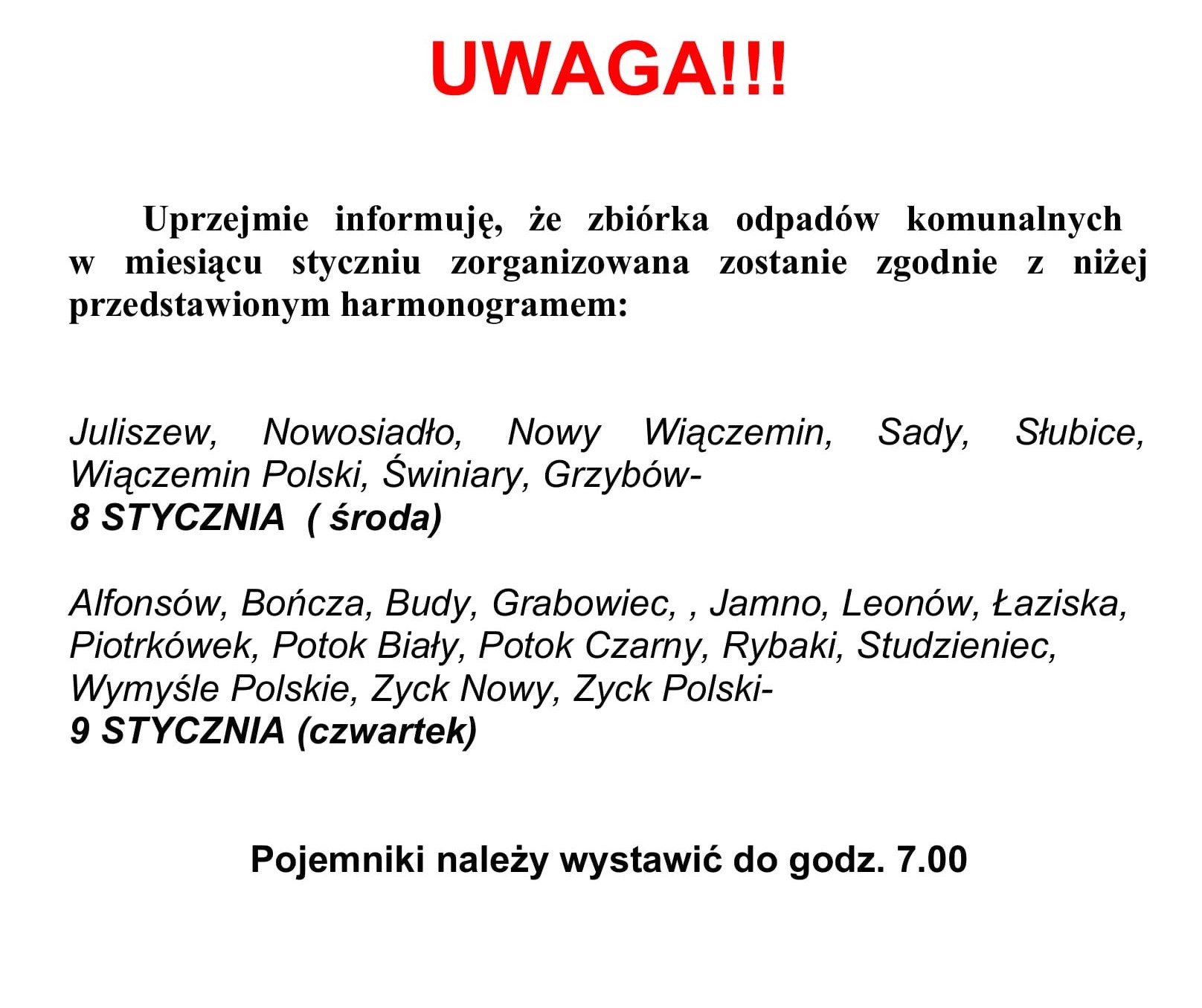 UWAGA! Już jutro zbiórka odpadów komunalnych!