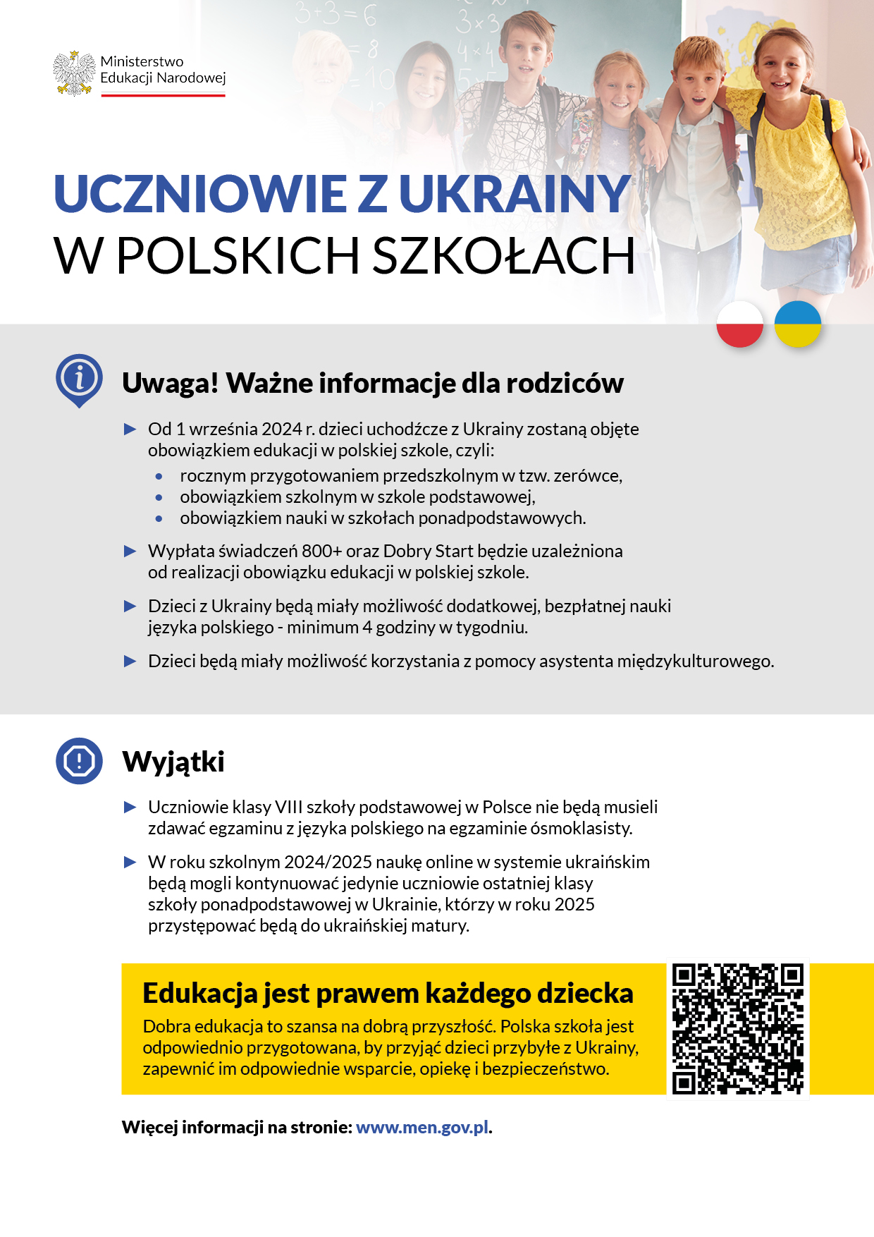 Informacja nt. obowiązku szkolnego i obowiązku nauki w Polsce dla uczniów z Ukrainy