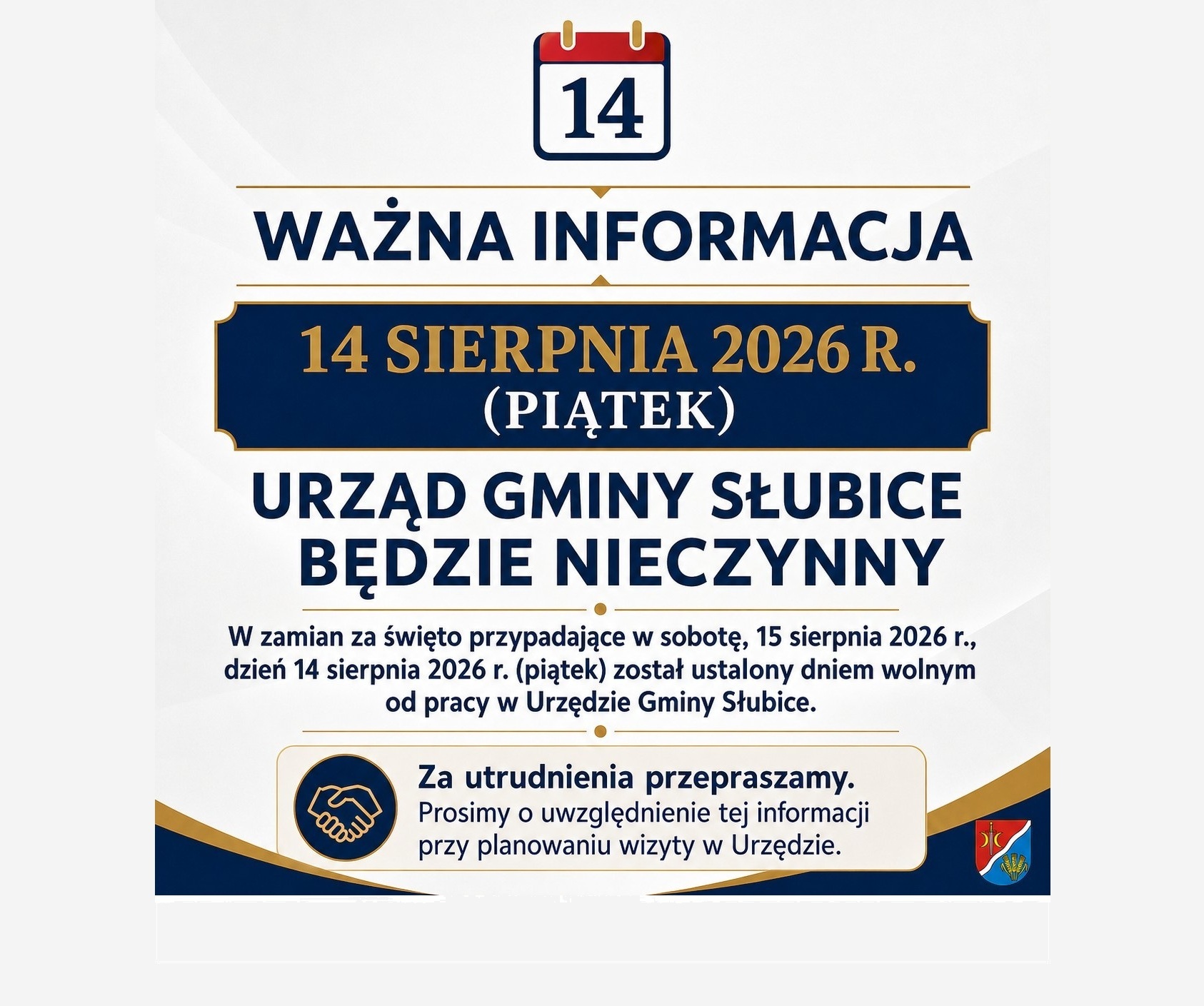 URZĄD GMINY SŁUBICE NIECZYNNY - 14 sierpnia 2026 r.